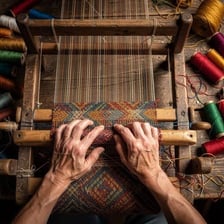 A traditional loom holding vertical threads for weaving fabric.