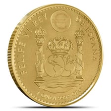 A gold coin associated with the Spanish word “oro.”