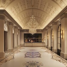 The interior of a venue prepared for an event.