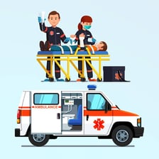 An emergency medical technician beside an ambulance.