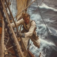 Sailors removing ropes and rigging from a sailing ship.