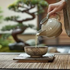 A teapot pouring hot tea into a cup.