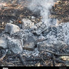 Gray ash left after a bonfire has burned down.