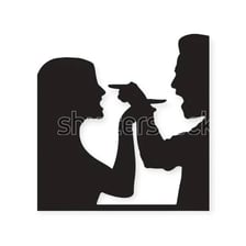 Two people indicating an object they share