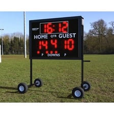 A sports scoreboard showing an equal score for both teams
