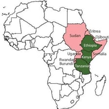 A map of Africa with Kenya and Ethiopia marked.