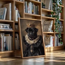 A close-up portrait of a pug dog.