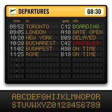 An airport departure board displaying scheduled departure times