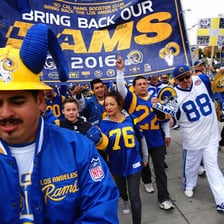 Fans cheering enthusiastically at a sporting event.