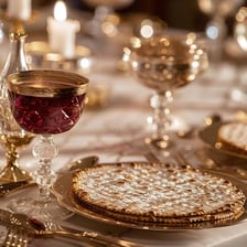 A Passover seder table set with matzah, wine, and ceremonial items