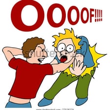 A cartoon person reacting with pain after being struck in the stomach.