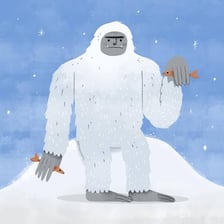 An illustration of a yeti in a snowy mountain landscape.