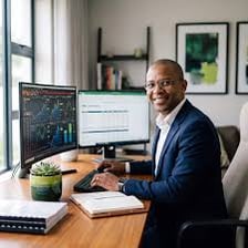 A business executive working at a desk in a corporate office.