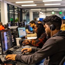 A technology enthusiast working at a computer workstation.