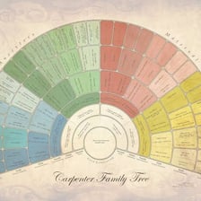 A branching family-tree chart showing relationships across generations