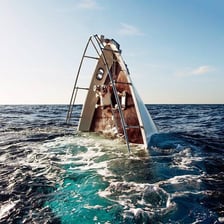 A ship partially submerged as it sinks in the ocean.