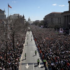 A crowd moving into action at a public event