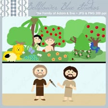 An illustration depicting Adam and Eve with their son Seth.