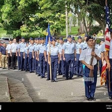 College ROTC cadets marching in uniform
