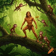 An illustration of Tarzan in a jungle among apes.