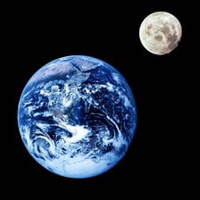The Moon viewed beside Earth in space.