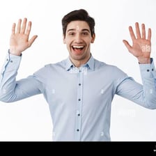 A person greeting someone with a hand wave