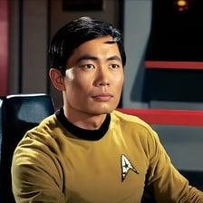 Mr. Sulu seated at the helm station on the USS Enterprise.