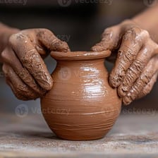 Hands molding wet clay into a new shape