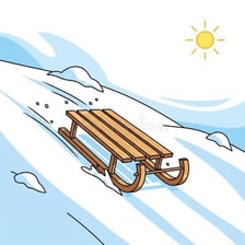 A wooden sled moving down a snow-covered hill