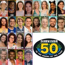 Reality-show contestants arranged in separate team groups.