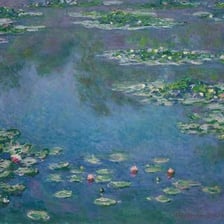 An oil painting by Claude Monet depicting water lilies.