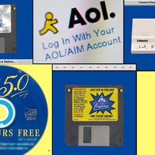 A vintage AOL internet-service CD or dial-up-era advertisement.