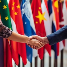 People representing different groups shaking hands in alliance.