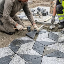 A rectangular stone paver in a patio surface
