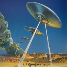 An illustration of an alien piloting a flying saucer