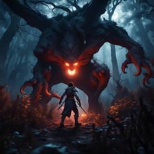 Fantasy hero defeating a monster in an illustrative scene