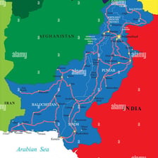 A map showing Iran immediately west of Pakistan