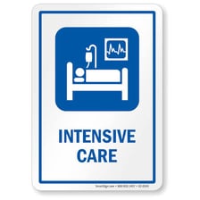 A hospital corridor sign identifying an intensive care unit