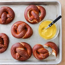A soft pretzel served as a stadium snack