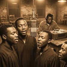 A choir singing during a radio recording.