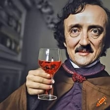 A portrait of Edgar Allan Poe alongside a drink, representing Poe containing ‘lit’.