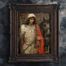 An artistic depiction of Sir Lancelot in medieval armour.