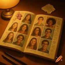 An open school yearbook on a desk.