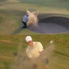 A golfer playing a wedge shot on a links golf course.
