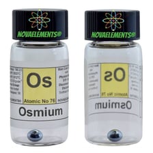 A sample of osmium metal shown alongside its periodic-table identification.