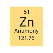 A sample of metallic antimony displayed beside its periodic-table entry