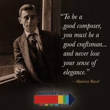 A portrait of French composer Maurice Ravel alongside a travel suitcase.