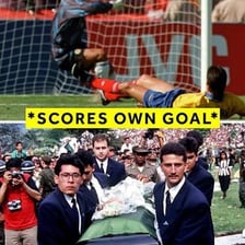 A football match scene showing a player accidentally scoring into their own goal.