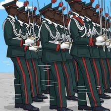 Soldiers moving together in a military marching drill.