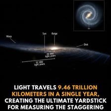 An astronomy illustration showing the enormous distance represented by a light-year